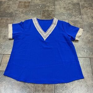 😳BUY 1,GET 2 FREE😳 Blue V-Neck Top with Lace Trim